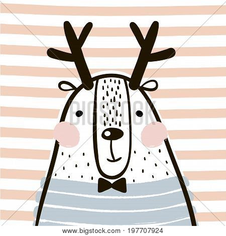 Cute cartoon dear in scandinavian style. Childish print for nursery kids apparelposter postcard. Vector Illustration