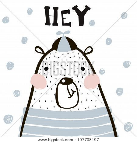 Cute cartoon bear boy in scandinavian style. Childish print for nursery kids apparelposter postcard. Vector Illustration