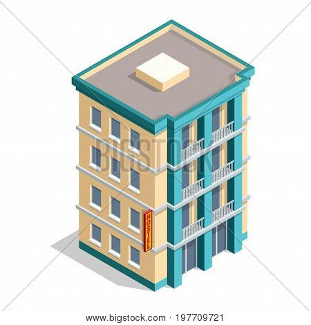 Isometric hotel building place isolated icon vector illustration design.