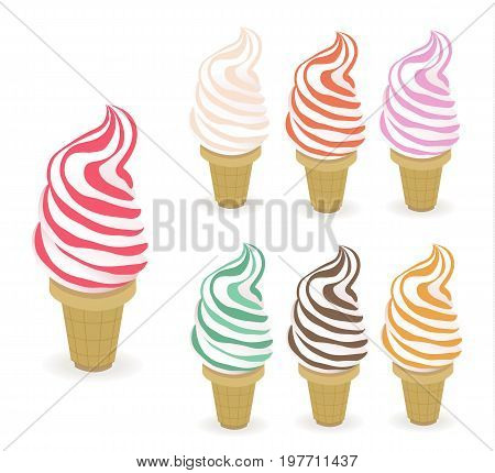 Ice cream collection different tastes. Ice cream set. Vector illustration of an ice cream in a waffle horn