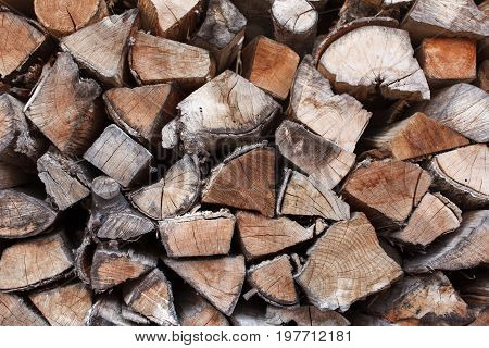 Firewood Stacked and Prepared for Winter Pile of Wood Logs. Chopped firewood on a stack.Natural wooden background, closeup of chopped firewood