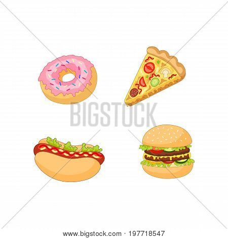 Vector burger hot dog pizza donut set. Flat cartoon isolated illustration on a white background. Fast junk food concept. Tasty doughnut, pepperoni tomato pizza slice, humburger sandwich, hot dog
