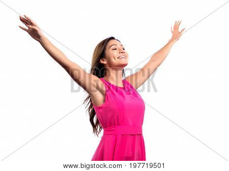 Happy woman with her arms outstreched isolated on white background