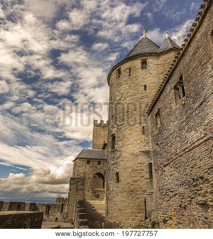 Image of wall and towers in Carcassonne fortified town in France.