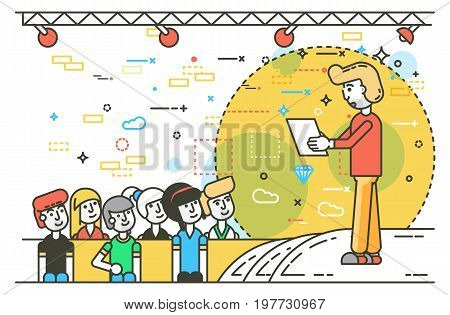 Vector illustration orator spokesman spokesperson speaker public appearance with paper businessman politician speech speaking stage audience business presentation line art style on white background