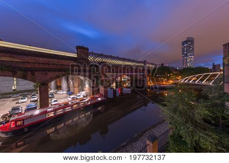 Evening view of the famous Castlefield Basin in Manchester where the industrial revolution began.