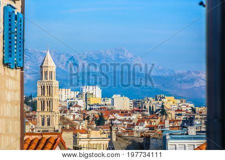 Aerial view at Split city from Marjan hill, european travel resort and UNESCO World's Heritage Site, Croatia.