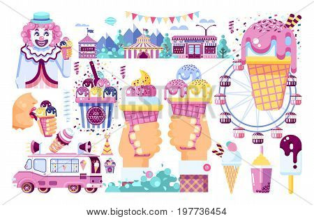 Stock vector isolated illustration business selling ice cream sale of food with machine, meal on wheels clown amusement park sweet vanilla chocolate fruit filling cafe road flat style white background