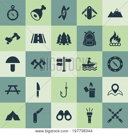 Elements Chronometr, Axes, Penknife And Other Synonyms Road, Sign And Equipment.  Vector Illustration Set Of Simple Tourism Icons.