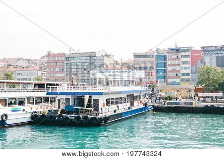 Istanbul, June 15, 2017: Passenger ferry in the port in Stabul, Turkey. Transportation of passengers by sea. Tourism