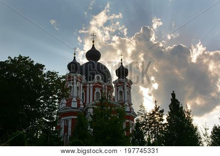 Monastery in Moldova. Orthodox Church at sunset