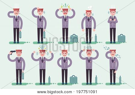 Stock vector set vector illustration character businessman office worker manager secretary stress and stressful situations reaction emotions to problems tears anger nerves fatigue cry flat style.