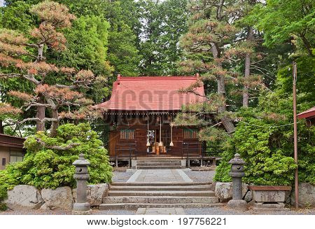 KAMINOYAMA JAPAN - MAY 28 2017: Tsukioka Shinto Shrine in Kaminoyama Yamagata Prefecture Japan. Located on the grounds of Kaminoyama Castle