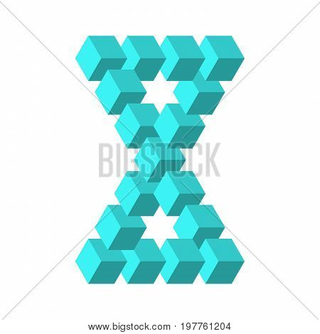 Two connected impossible triangles in turquoise blue. 3D cubes arranged as geometric optical illusion. Reutersvard traingle. Vector illustration.