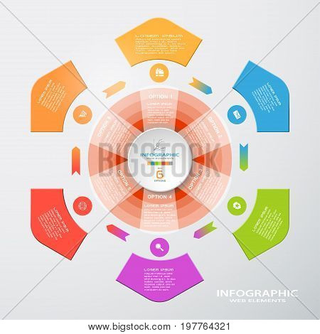 Vector infographic web element of round shapes arrows with text and icons on the gradient gray background with shadow.