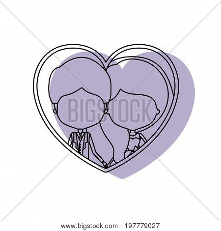 silhouette heart shape lilac shadow with contour faceless newly married couple inside of newly married couple young groom with formal wear and bride with wavy long hairstyle and holdings hands vector illustration