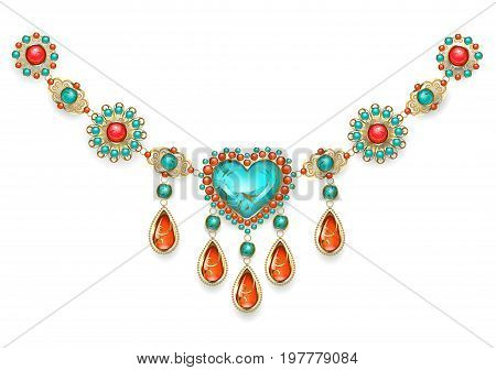 Necklace in oriental style with a turquoise heart adorned with turquoise and jasper on a white background. Jewelry Design. Oriental pattern. Boho Style.