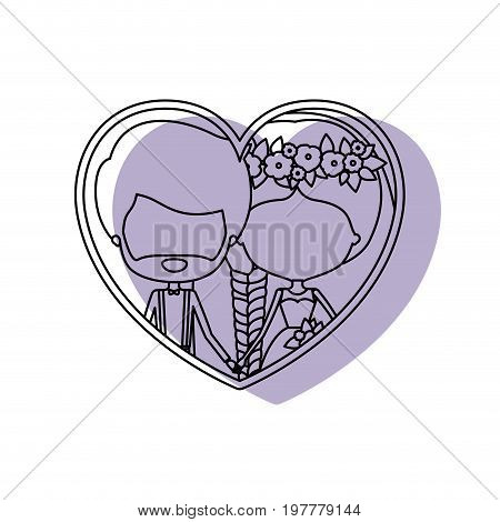 silhouette heart shape lilac shadow with contour faceless newly married couple inside of newly married couple bearded groom with formal wear and bride with side braided hairstyle and holdings hands vector illustration