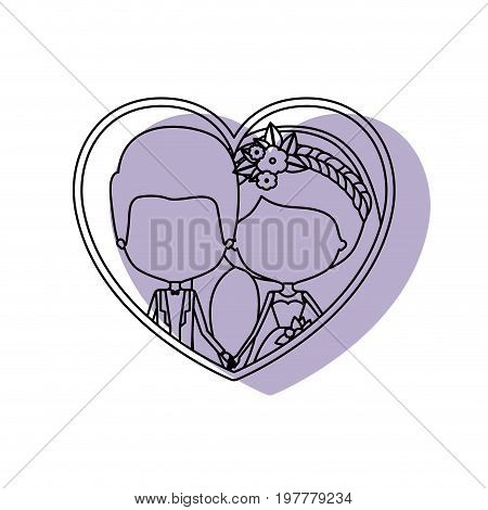 silhouette heart shape lilac shadow with contour faceless newly married couple inside of newly married couple groom with formal wear and bride with side ponytail hairstyle and holdings hands vector illustration
