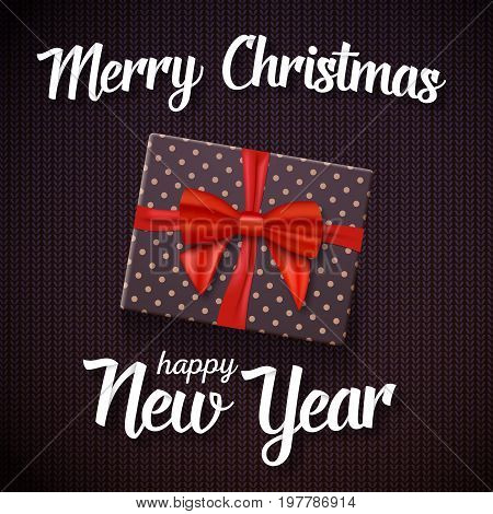 Illustration of Vector Marry Christmass Greeting Card. Realistic Gift Box with Red Ribbon on Kneeted Pattern Background