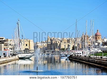 VITTORIOSA, MALTA - MARCH 31, 2017 - View of Vittoriosa marina and waterfront with Senglea to the left hand side Vittoriosa (Birgu) Malta Europe, March 31, 2017.
