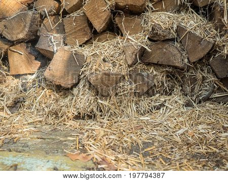 The fuel wood stacked on top of each other mixed with straw. Boards of pine, view of the end. Firewood for heating the house and kindling. Wood for the stove. Look at the stack of firewood close-up