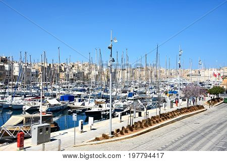 VITTORIOSA, MALTA - MARCH 31, 2017 - Elevated view of Vittoriosa waterfront and marina with views towards Senglea Vittoriosa (Birgu) Malta Europe, March 31, 2017.