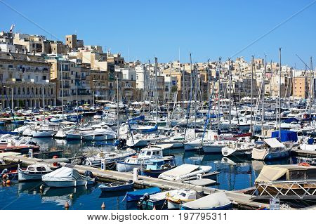 VITTORIOSA, MALTA - MARCH 31, 2017 - Elevated view of Vittoriosa marina with views towards Senglea Vittoriosa (Birgu) Malta Europe, March 31, 2017.