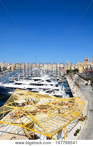 VITTORIOSA, MALTA - MARCH 31, 2017 - Elevated view of Vittoriosa waterfront and marina with views towards Senglea and Valletta Vittoriosa (Birgu) Malta Europe, March 31, 2017.