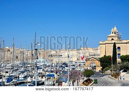 VITTORIOSA, MALTA - MARCH 31, 2017 - Elevated view of Vittoriosa marina and waterfront with views towards Valletta Vittoriosa (Birgu) Malta Europe, March 31, 2017.