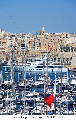 VITTORIOSA, MALTA - MARCH 31, 2017 - Elevated view of Vittoriosa marina with views towards Valletta Vittoriosa (Birgu) Malta Europe, March 31, 2017.