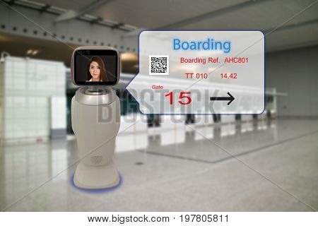 robotic advisor technology conceptairport use robotic advisor for help passenger and give information about the flight boarding pass time and direction to the gate with augmented reality