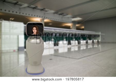 robotic advisor technology conceptairport use robotic advisor for help passenger and give information about the flight boarding pass time and direction to the gate with augmented reality