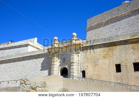 VITTORIOSA, MALTA - MARCH 31, 2017 - Entrance to Fort Saint Angelo Vittoriosa (Birgu) Malta Europe, March 31, 2017.