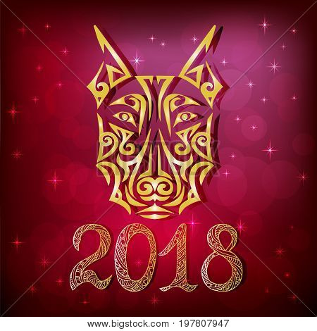 2018 New Year card with doberman dog head stylized Maori face tattoo. Symbol of chinese 2018 New Year. Isolated on red background. Vector.