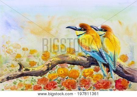 Watercolor landscape original painting on paper colorful of couple birds on a branch amidst beautiful roses and emotion in sky background