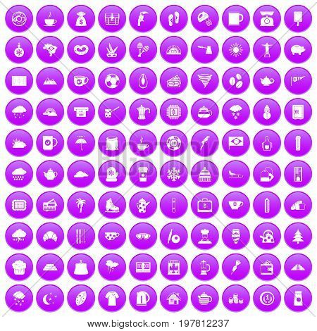 100 coffee cup icons set in purple circle isolated vector illustration