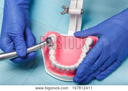 dental and endodontic instruments on the napkin. Top view