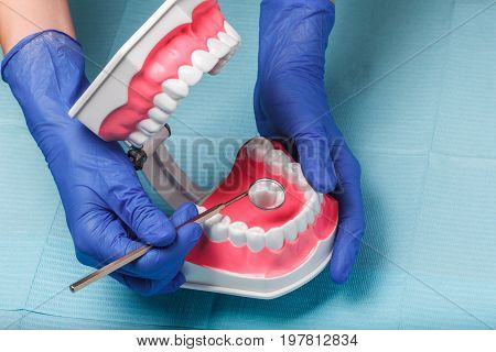 dental and endodontic instruments on the napkin. Top view
