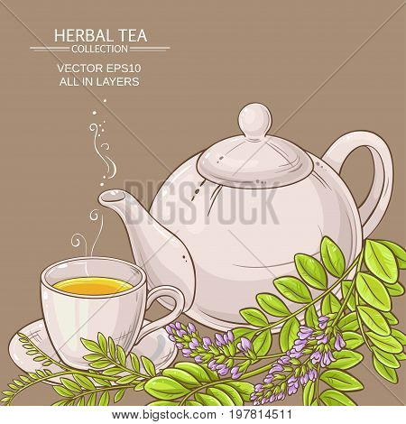 cup of licorice tea and teapot on color background