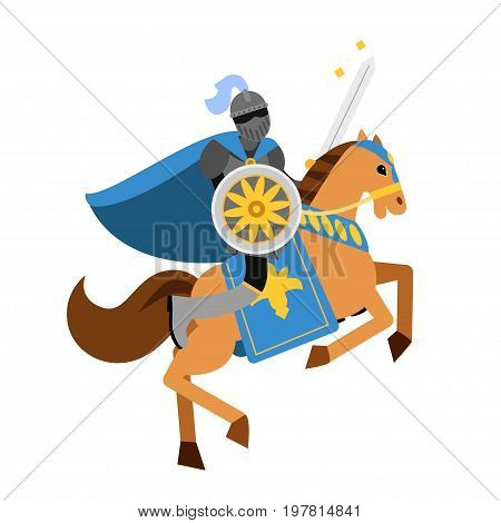 Armed knight riding horse medieval character, colorful vector Illustration on a white background