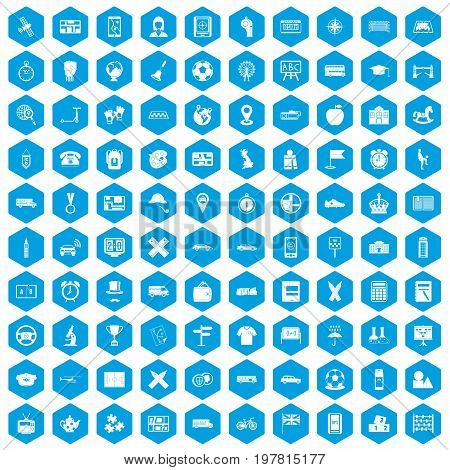 100 bus icons set in blue hexagon isolated vector illustration