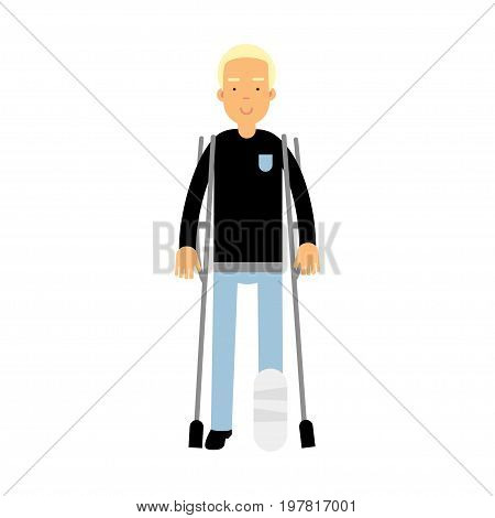One legged disabled man with crutches colorful vector Illustration on a white background