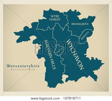 Modern Map - Worcestershire County With District Captions England Uk Illustration