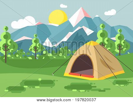 Stock vector illustration cartoon nature national park landscape with lonely tent camping hiking rules of survival bushes, lawn, trees, daytime sunny day, outdoor background of mountains in flat style