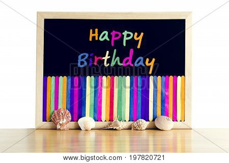 Black board and beautiful color of ice cream stick With wording Happy birthday. Happy birthday Celecration.