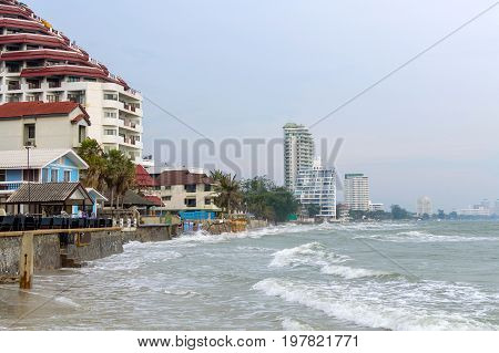 Hua Hin Beach At High Tide. Resort Hotels Are On The Coast, Thailand