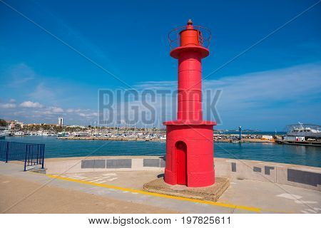 Red Lighthouse In Cambrils, Catalunya, Spain. Copy Space For Text.