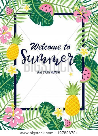 A Tropical Card With Palm Leaves And Exotic Flowers. Summer Jungle Design Is Ideal For Flyers, Postc