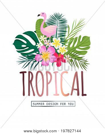 A Tropical Card With Palm Leaves And Exotic Flowers. Summer Jungle Design Is Ideal For Flyers, Postc